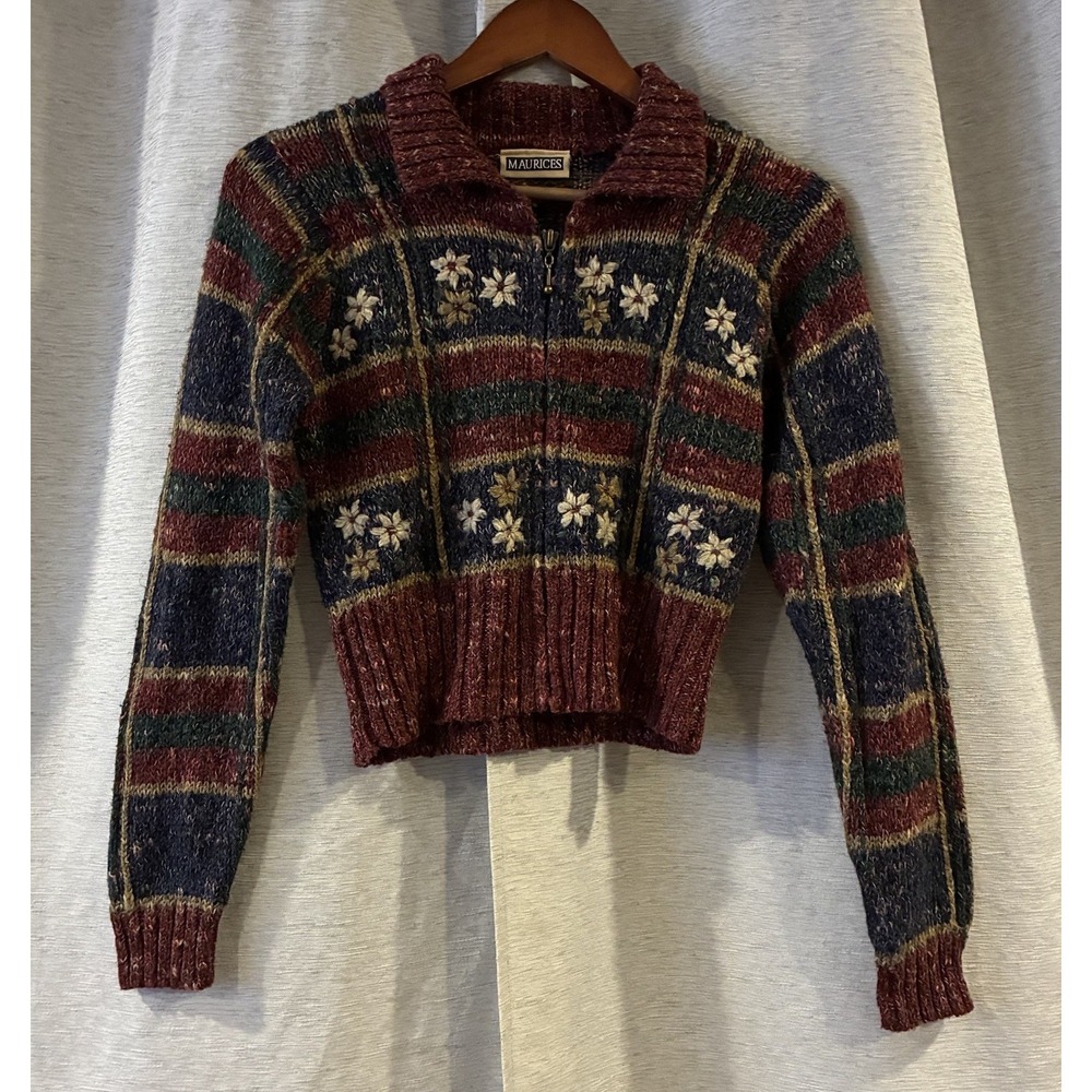 Vintage Maurices Color Block Floral Knit Zip Up Jacket Multicolor Womens XS